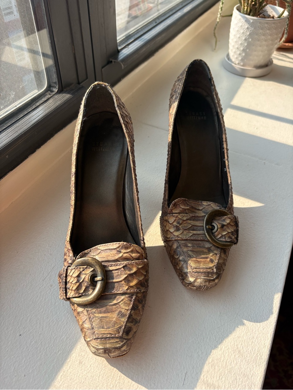 STUART WEITZMAN Women's Metallic Bronze Snakeskin Buckle Pumps